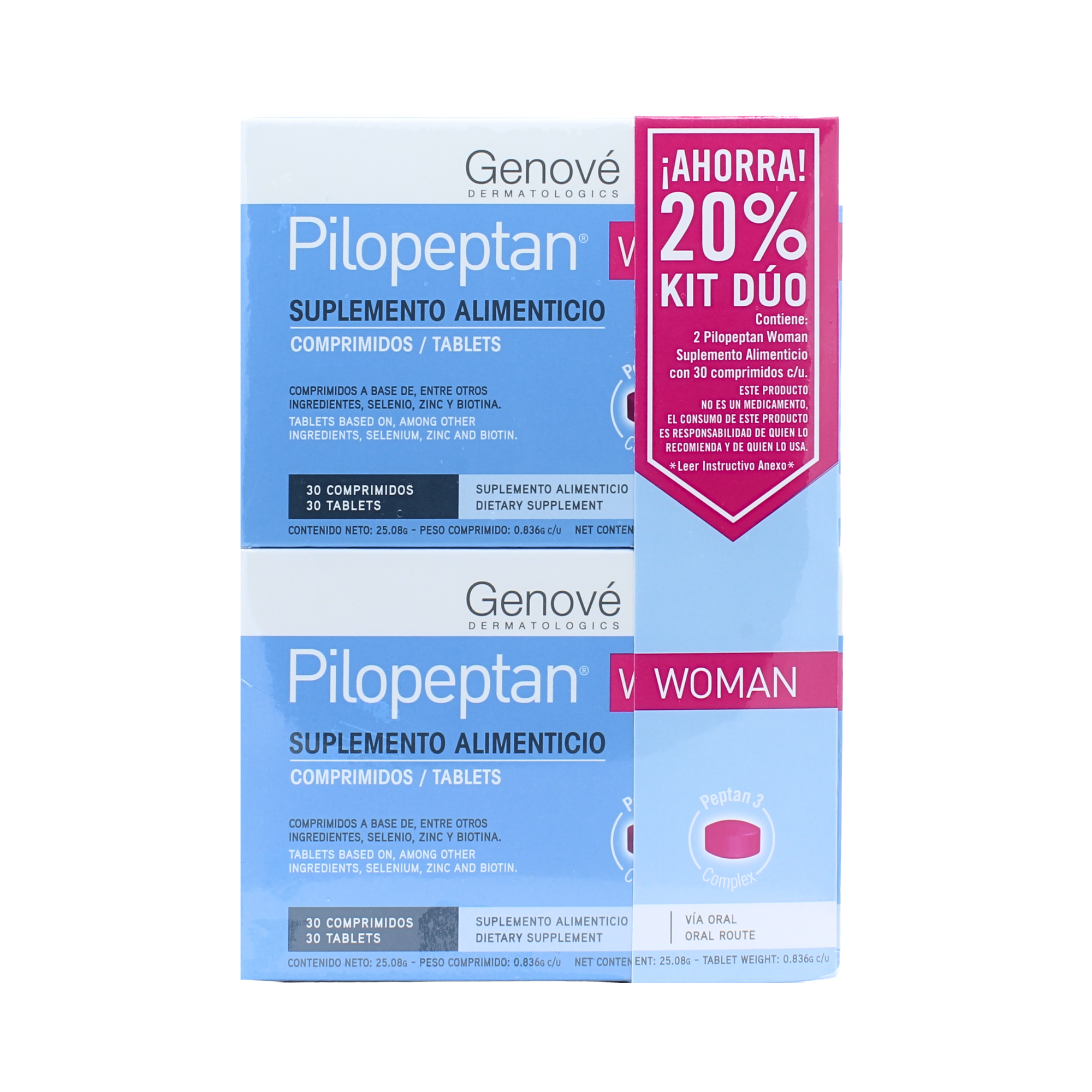 Genové Pilopeptan Woman Suplemento Alimenticio Capilar Kit Dúo 30 Tabletas C/u 60 Tabletas